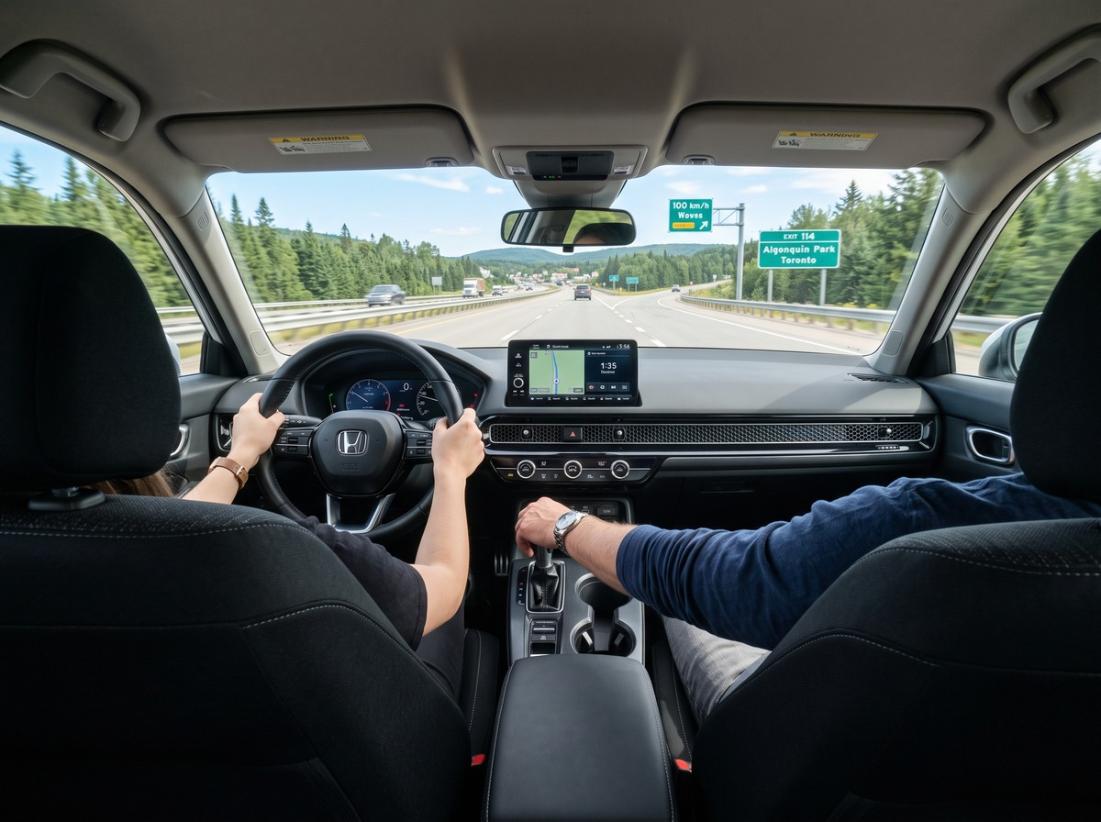 Vehicle merging onto Ontario 400-series highway during highway driving lesson